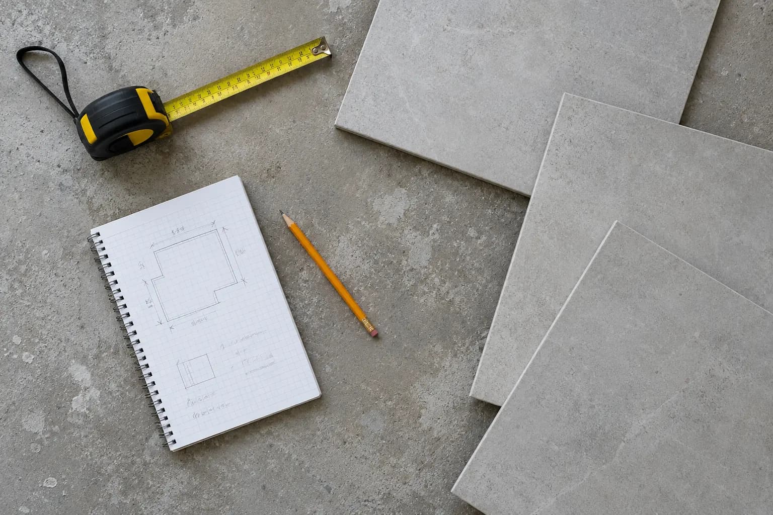 Tape measure and notepad with room measurements